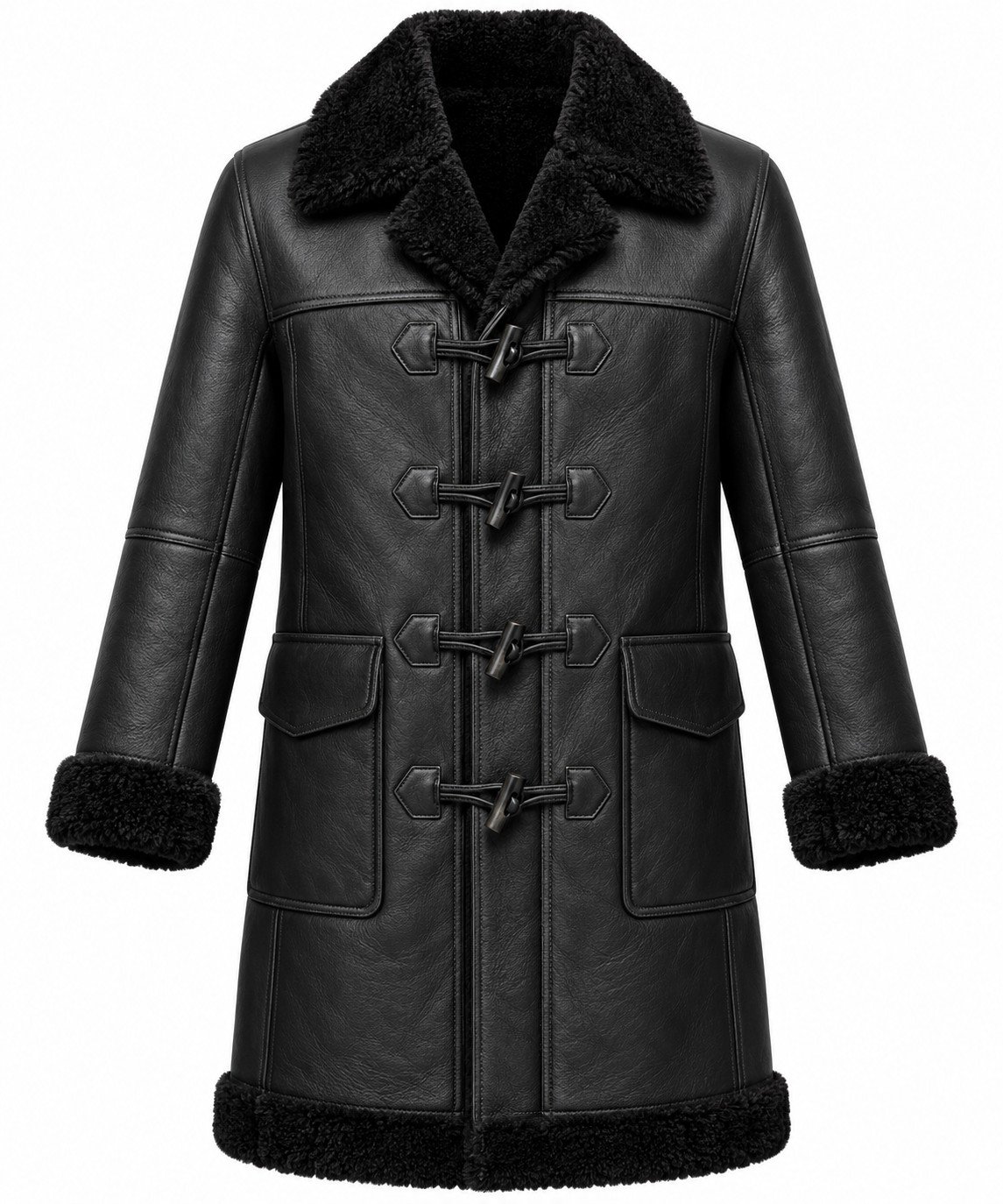 Men's Black Toggle Duffle Coat with Black Shearling