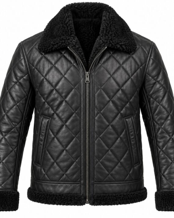 Men's Black Diamond-Quilted Jacket with Black Shearling