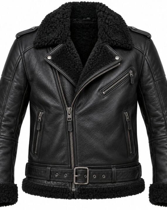 Men's Black Belted Moto Jacket with Black Shearling