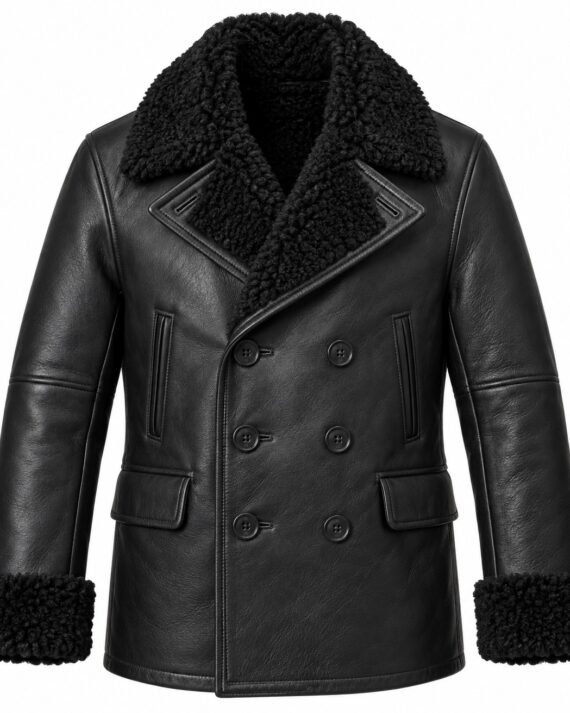 Men's Black Double-Breasted Peacoat with Black Shearling