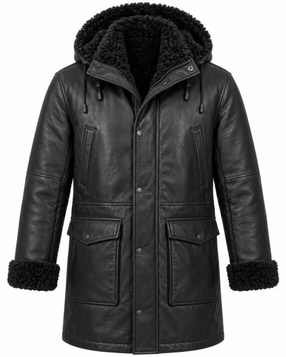 Men's Black Hooded Parka Coat with Black Shearling