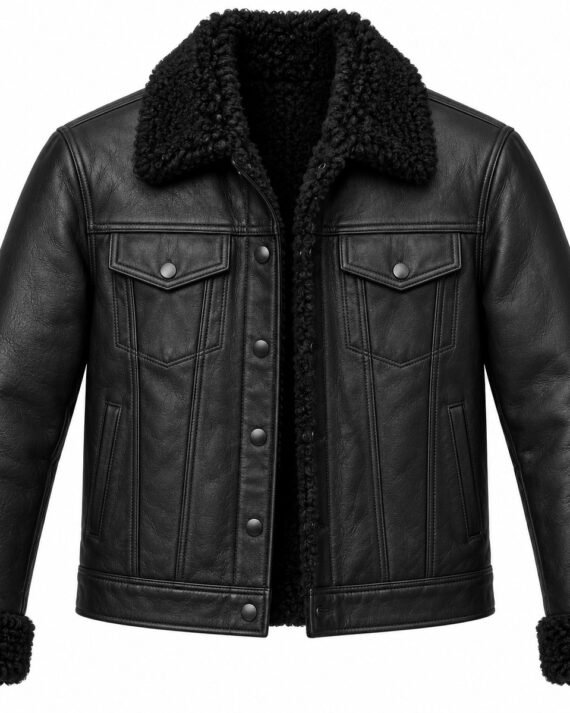 Men's Black Trucker Jacket with Black Shearling