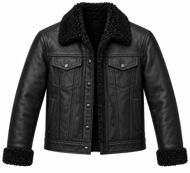 Men's Black Trucker Jacket with Black Shearling