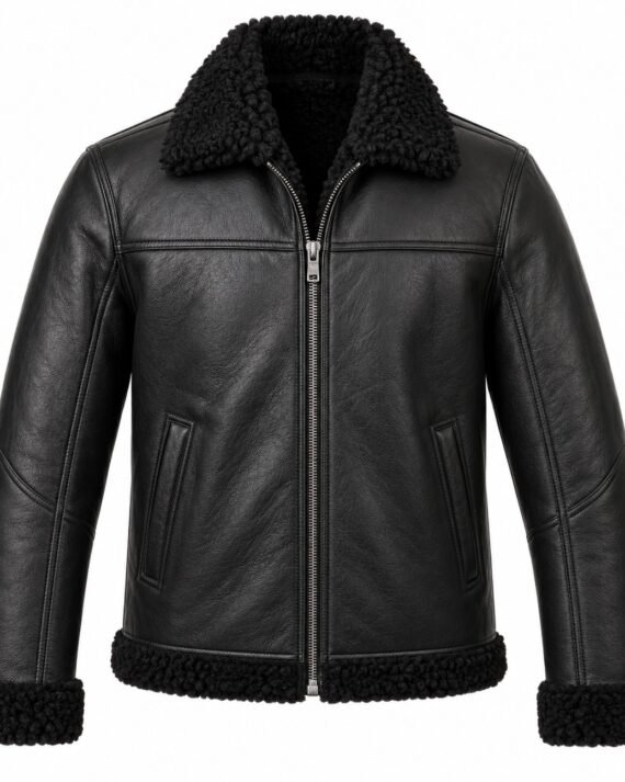 Men's Black Cafe Racer Jacket with Black Shearling