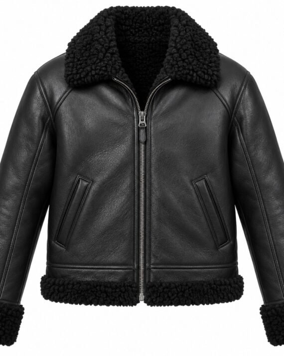 Men's Black Raglan Zip Jacket with Black Shearling