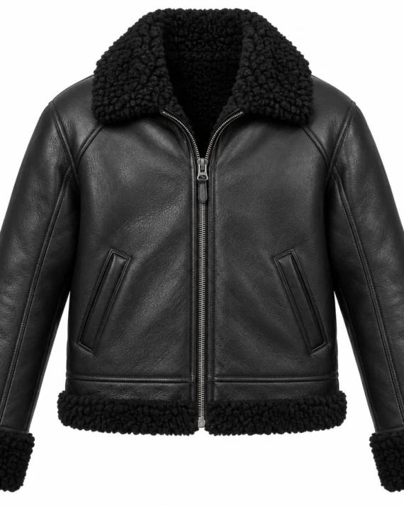 Men's Black Raglan Zip Jacket with Black Shearling