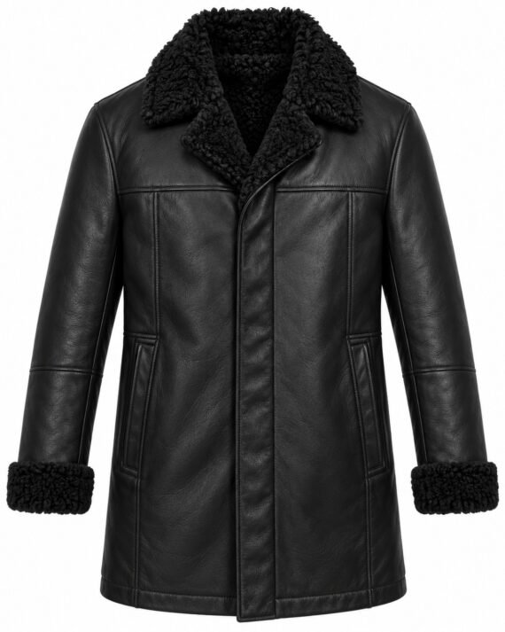 Men's Black Car Coat with Black Shearling