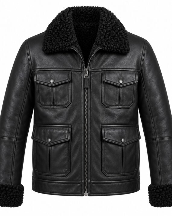 Men's Black Four-Pocket Utility Jacket with Black Shearling