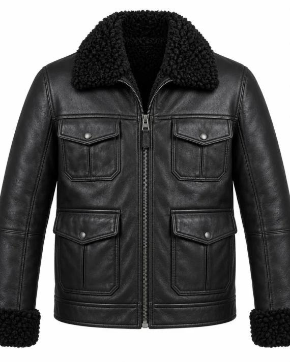 Men's Black Four-Pocket Utility Jacket with Black Shearling