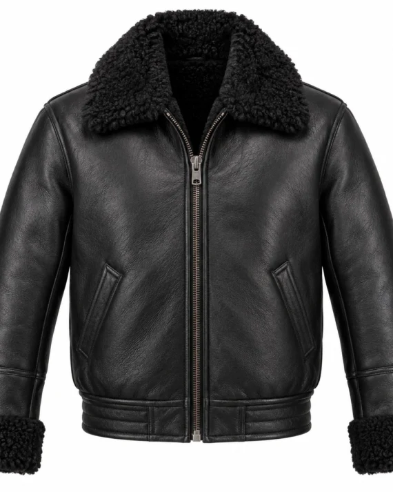 Men's Black Flight Bomber Jacket with Black Shearling
