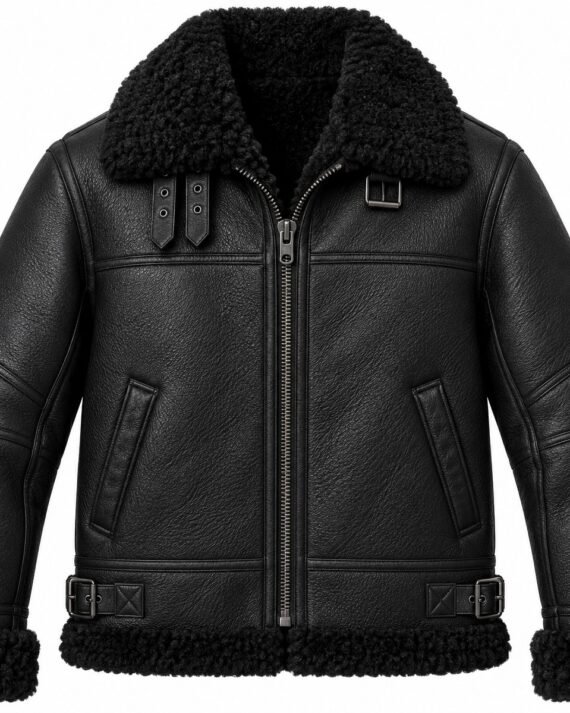 Men's Black Panel-Sleeve B3 Aviator Jacket with Black Shearling