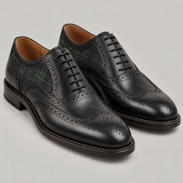 Black Leather Oxford Brogues with Tartan Panels
