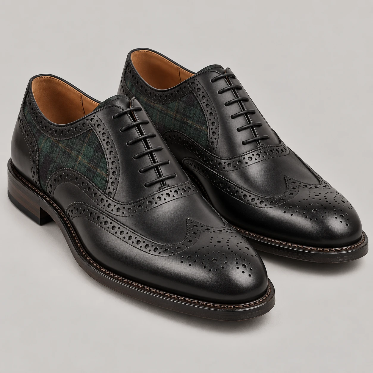 Black Leather Oxford Brogues with Tartan Panels
