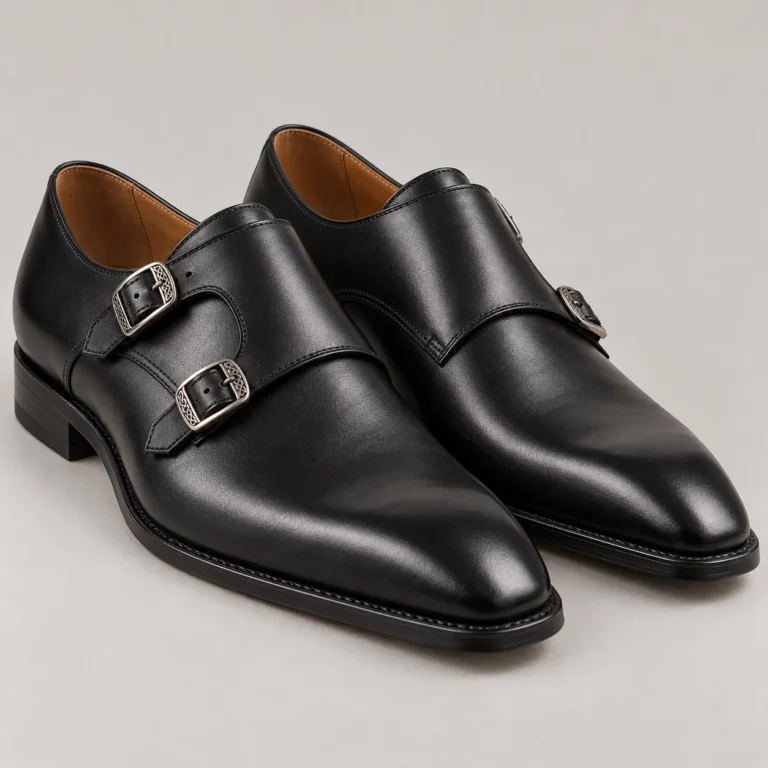 Black Leather Double Monk Strap Shoes - Celtic Buckles