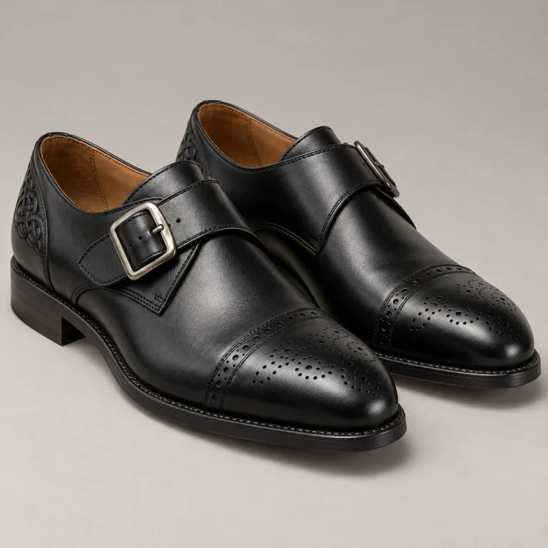 Black Leather Monk Strap Shoes - Brogue Cap Toe