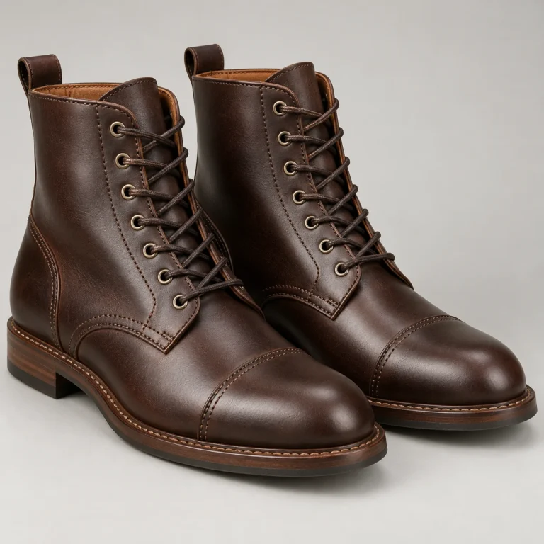Dark Brown Leather Cap Toe Lace-Up Boots