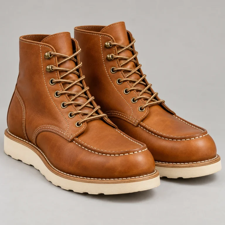 Tan Leather Moc Toe Boots with Wedge-Style Sole