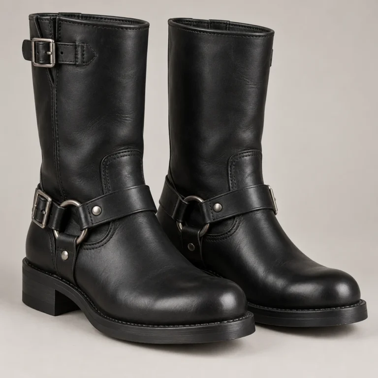 Black Leather Engineer Boots with Harness Straps