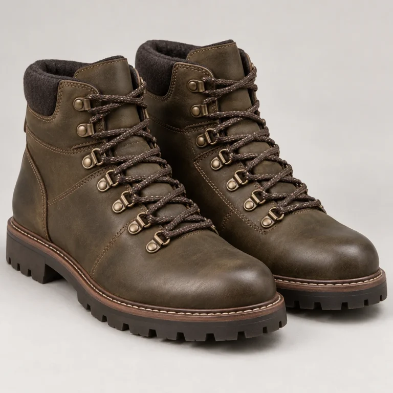 Olive Brown Leather Hiking-Style Lace-Up Boots