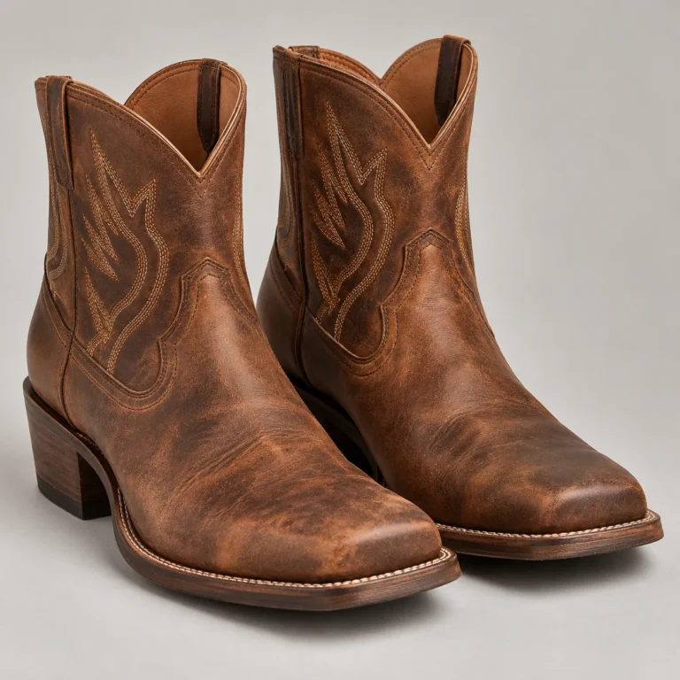 Chestnut Leather Western Ankle Boots - Square Toe