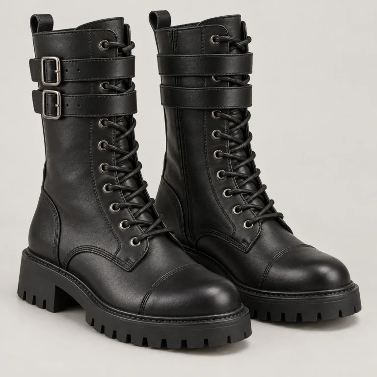 Black Leather Combat-Style Boots - Double Buckle