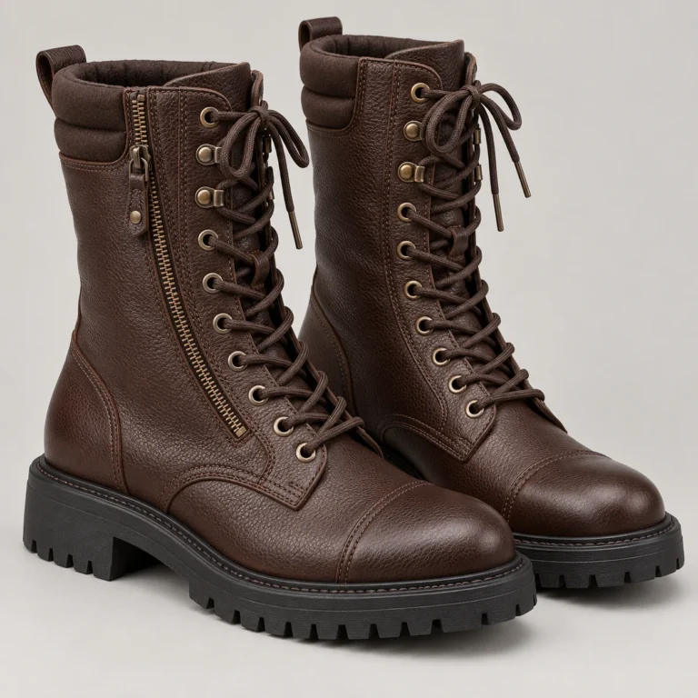 Dark Brown Leather Utility-Style Mid-Calf Boots
