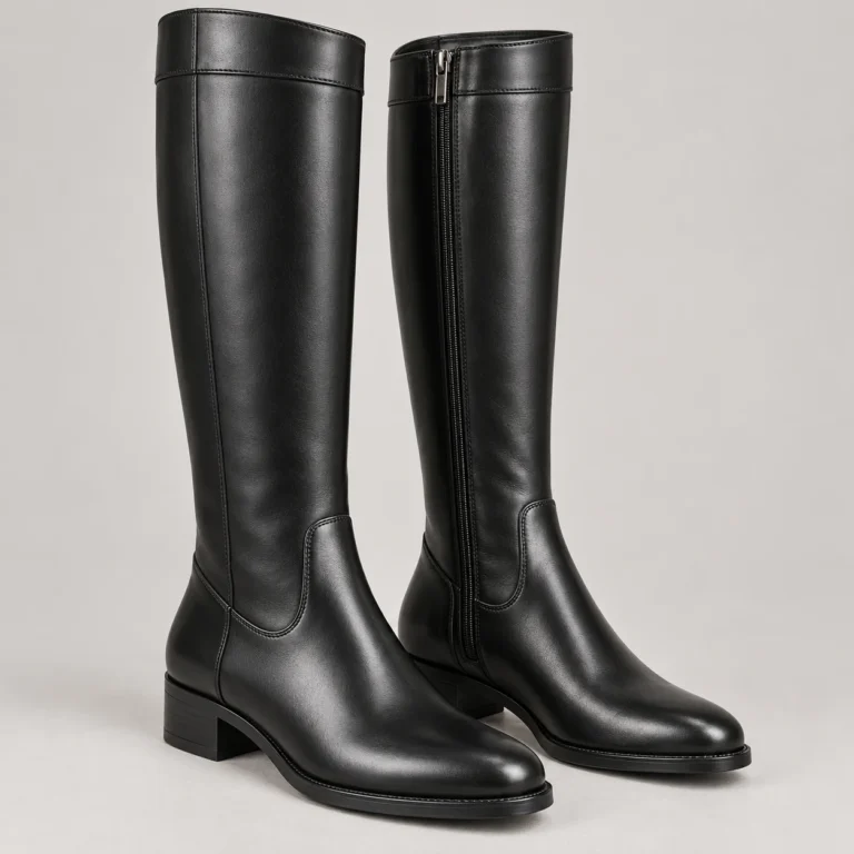 Black Leather Knee-High Boots - Riding-Inspired Style