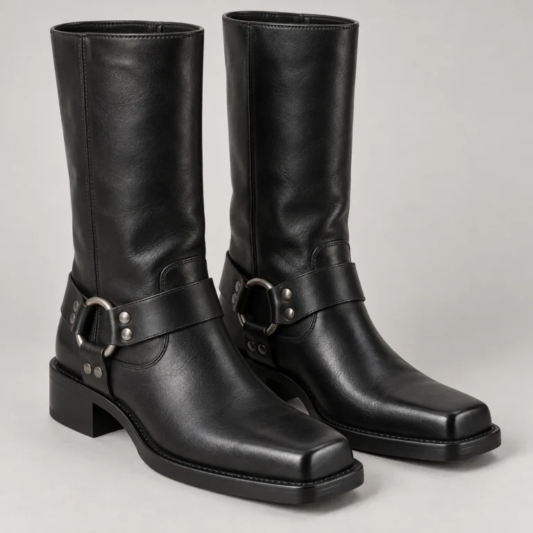 Black Leather Tall Harness Boots - Square Toe