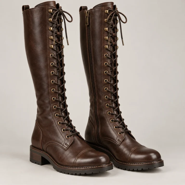 Brown Leather Knee-High Lace-Up Cavalry-Style Boots
