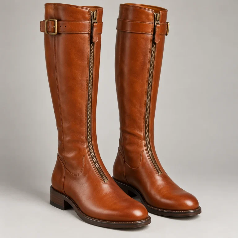 Cognac Leather Knee-High Boots - Polo-Inspired Zip