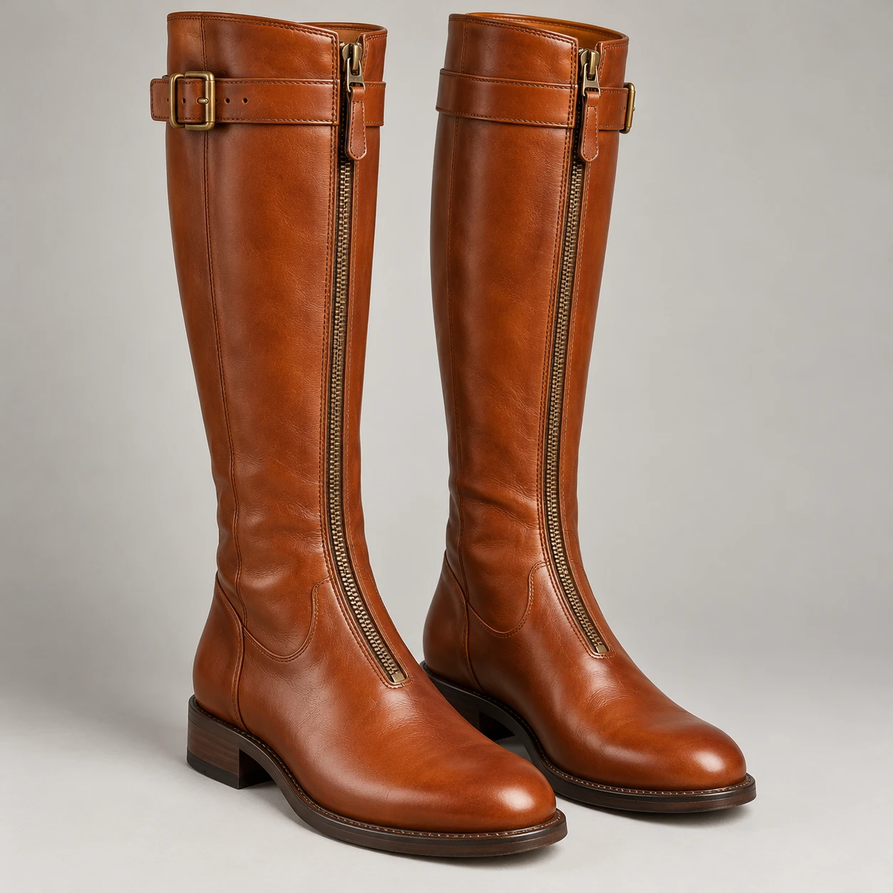 Cognac Leather Knee-High Boots - Polo-Inspired Zip