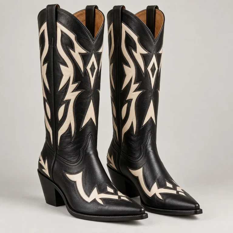 Black and Ivory Leather Western Boots with Inlay