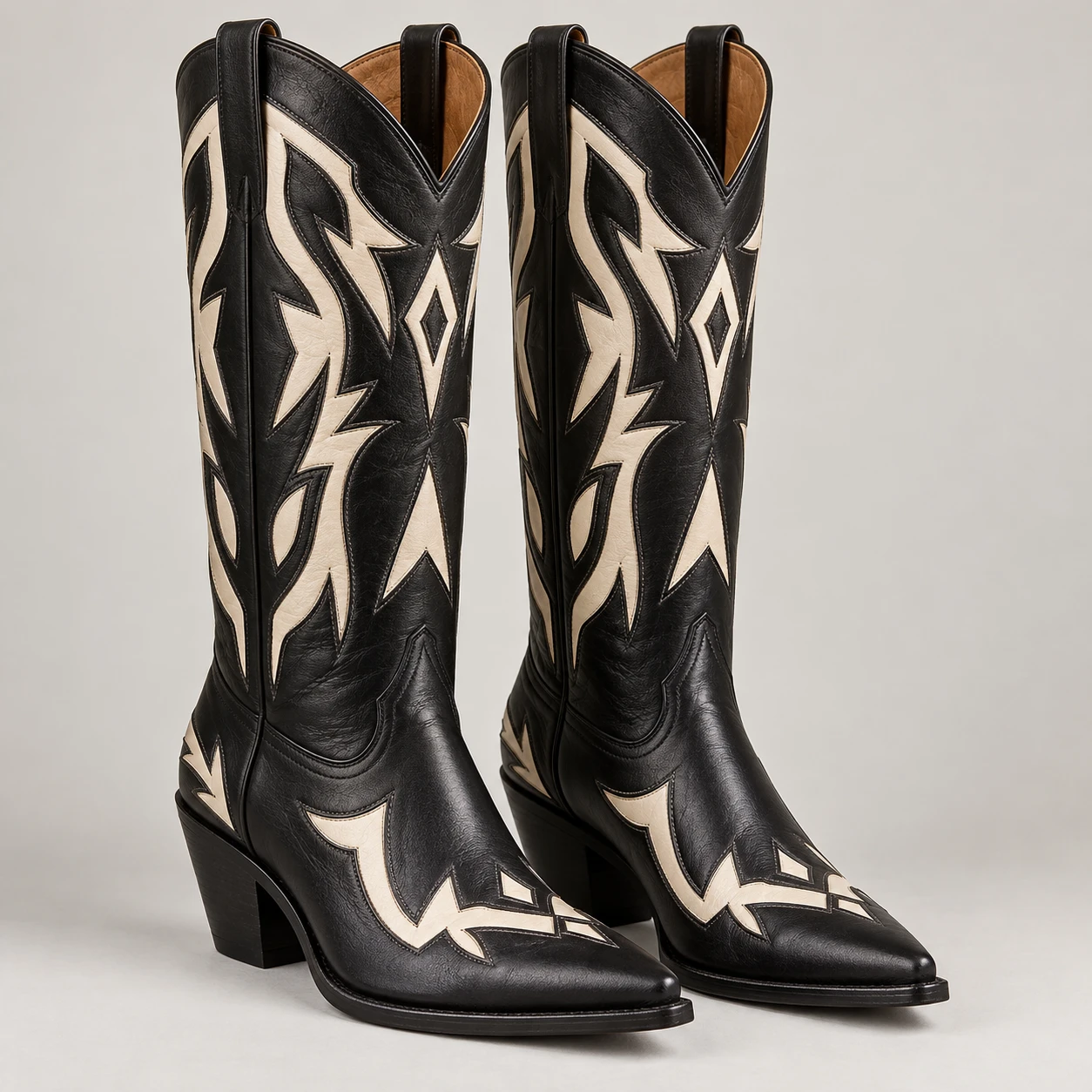 Black and Ivory Leather Western Boots with Inlay