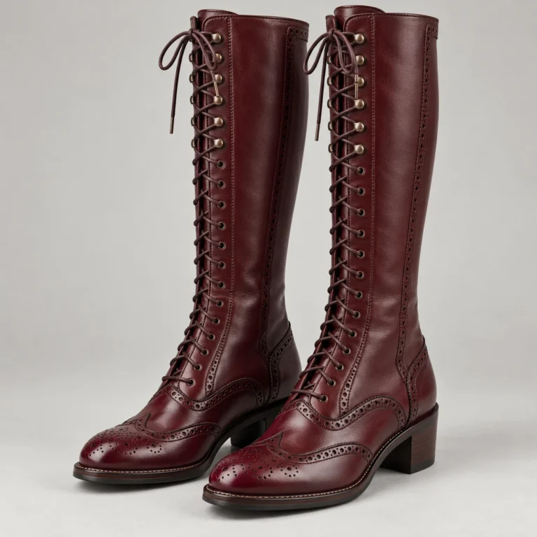 Oxblood Leather Knee-High Wingtip Lace-Up Boots