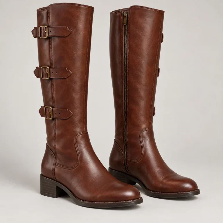 Chestnut Leather Knee-High Boots with Triple Buckles