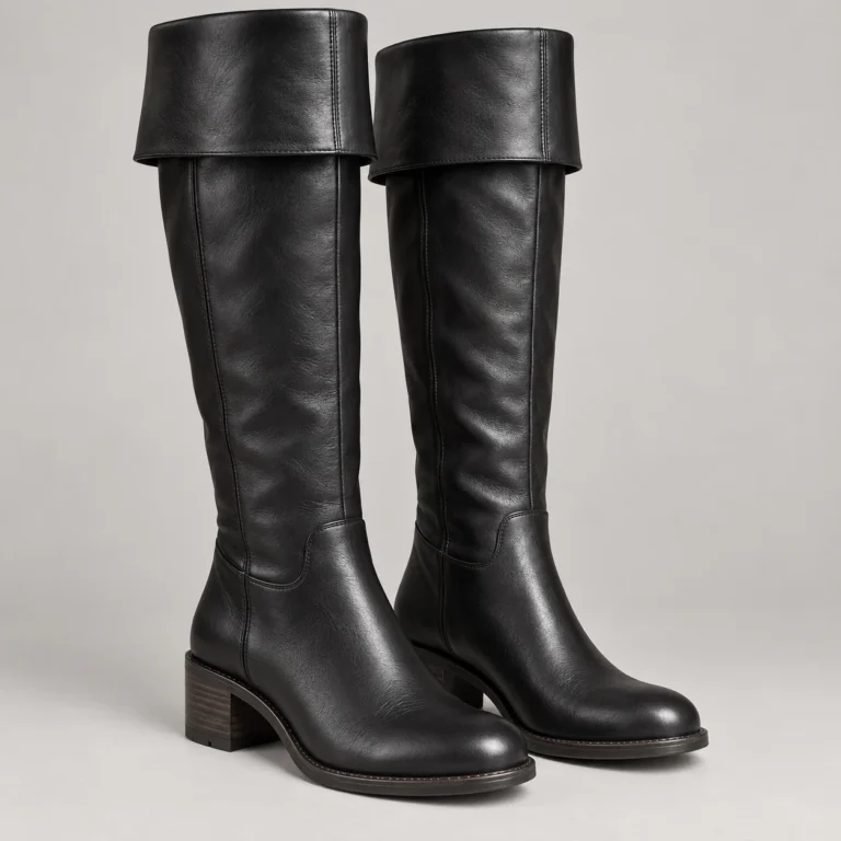 Black Leather Knee-High Boots with Foldover Cuff
