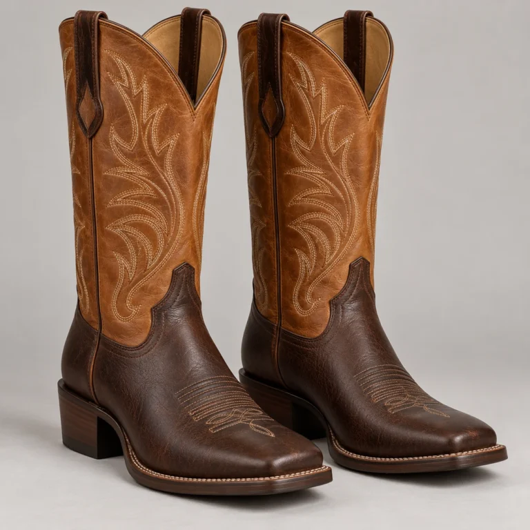 Two-Tone Brown Leather Square-Toe Cowboy Boots