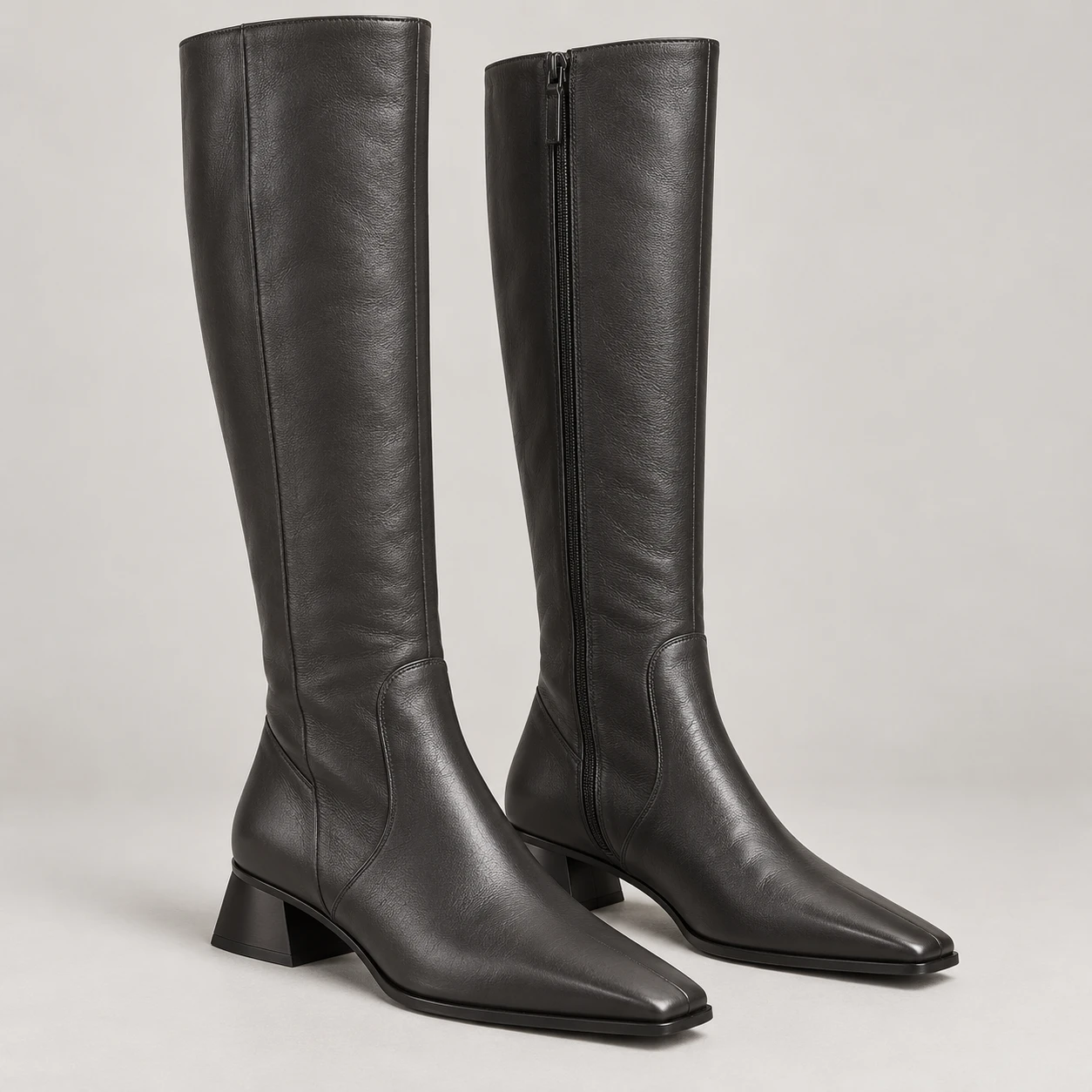 Charcoal Leather Knee-High Zip Boots - Minimal Style