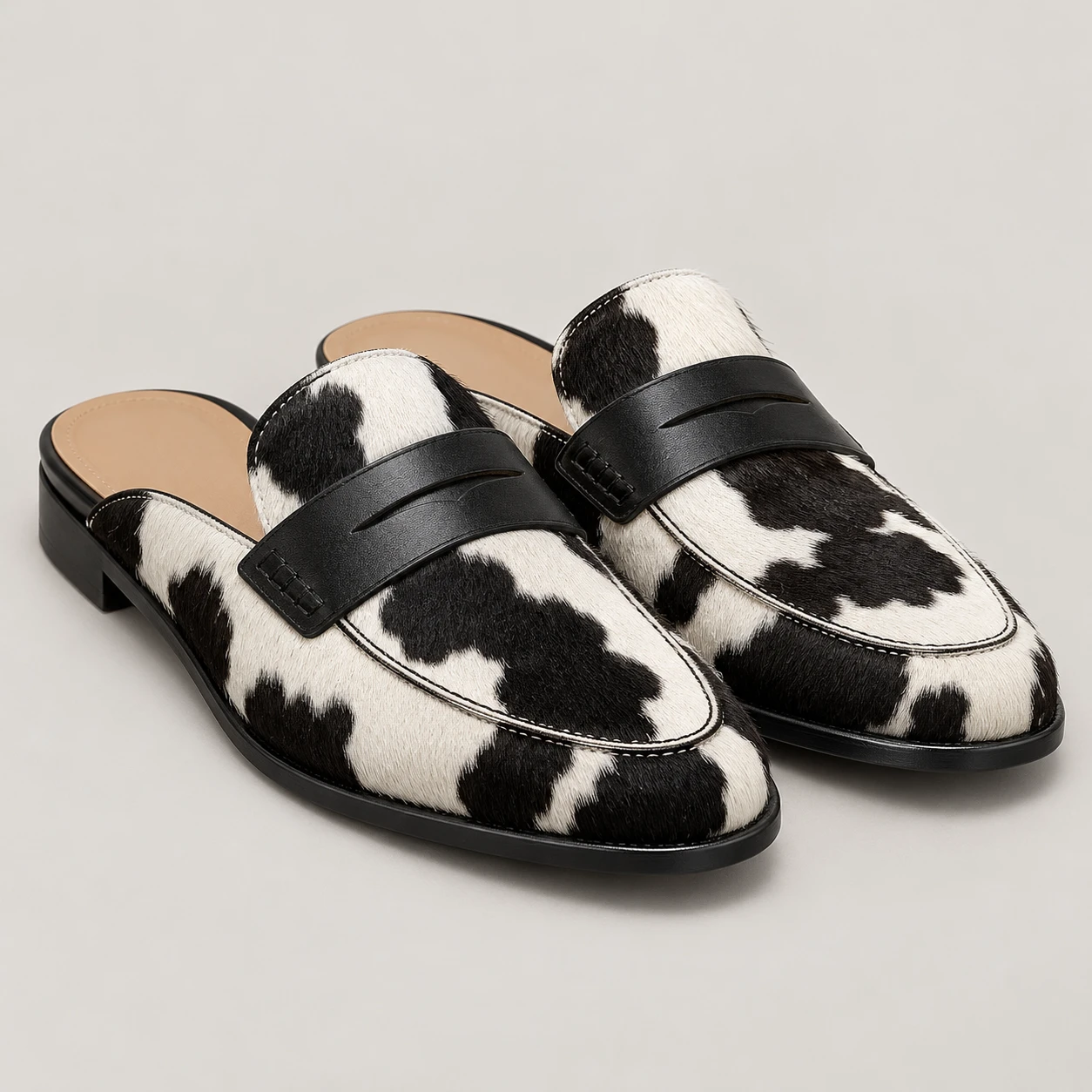 Black and White Hair-On Cowhide Mule Loafers