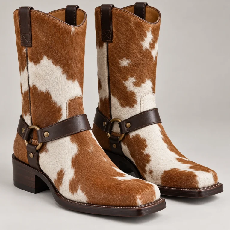Caramel Hair-On Cowhide Harness Mid-Calf Boots