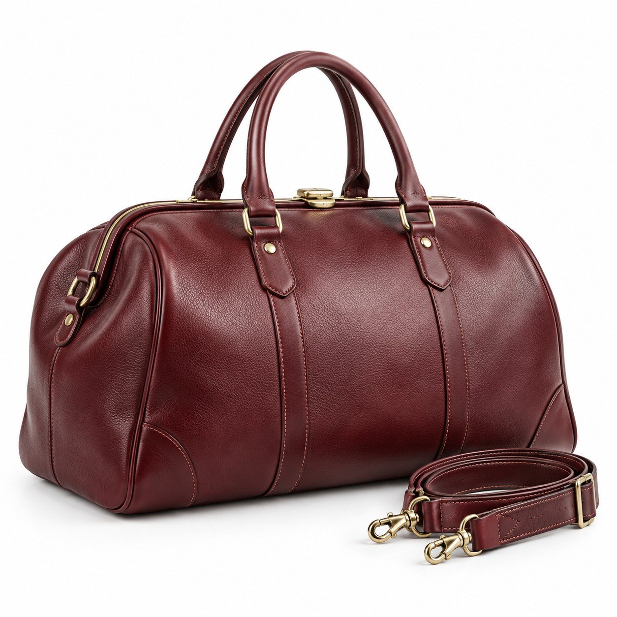 Burgundy Frame Opening Leather Weekender Bag