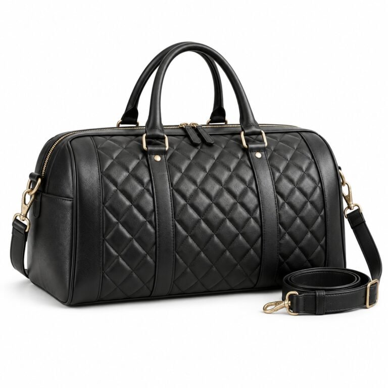 Black Quilted Panel Leather Weekender Bag