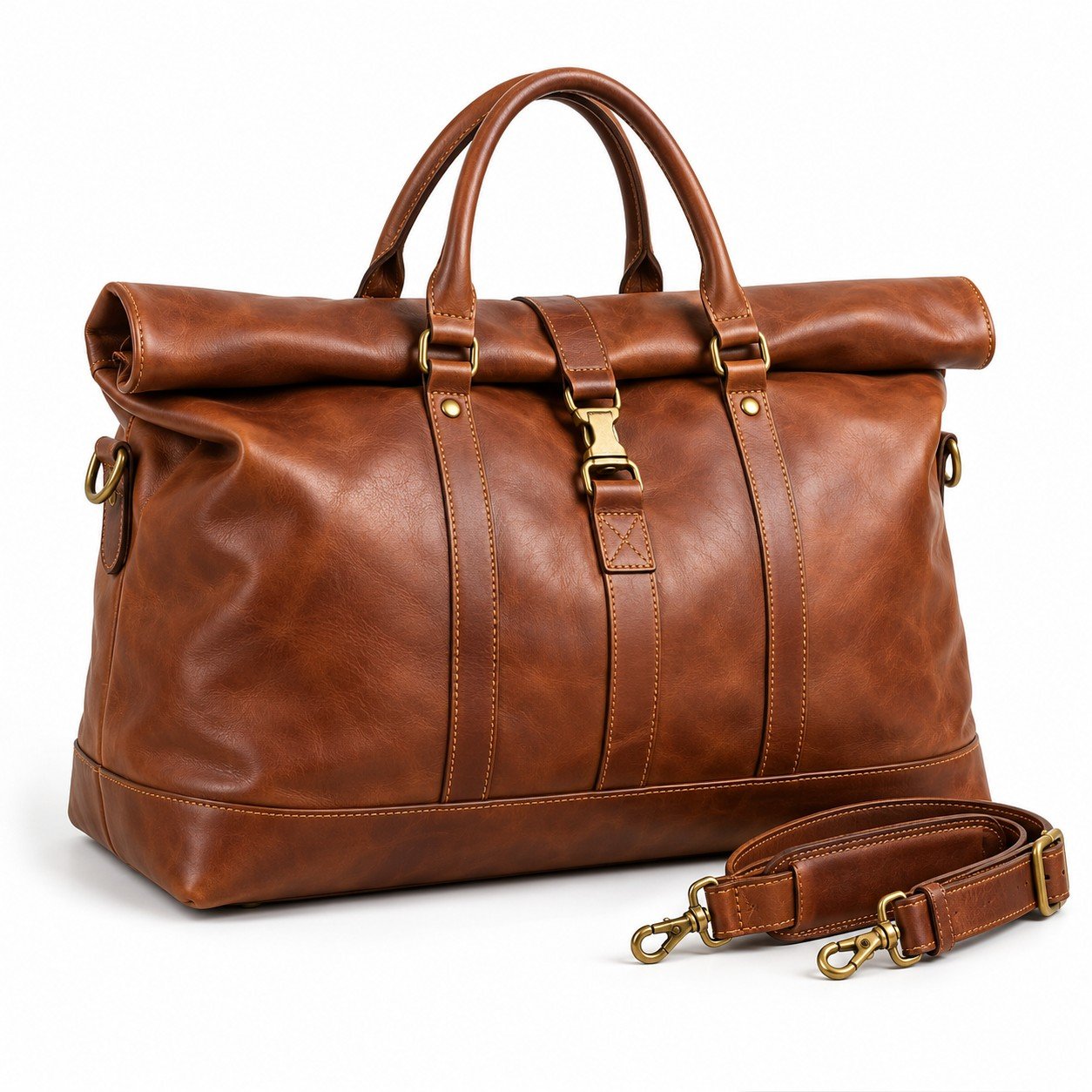 Cognac Roll Top Leather Travel Bag