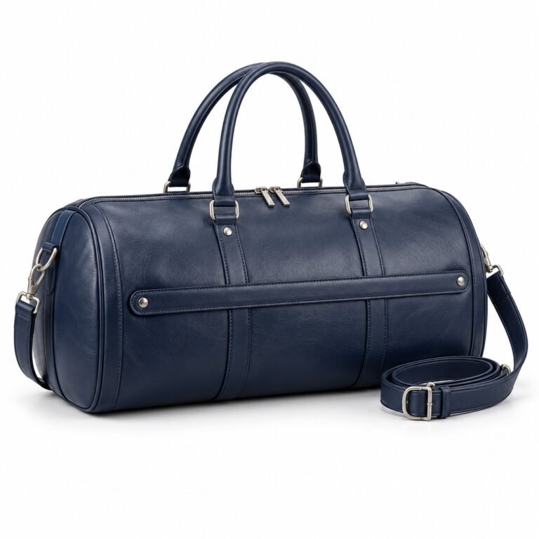 Navy Horizontal Rail Leather Duffel Bag