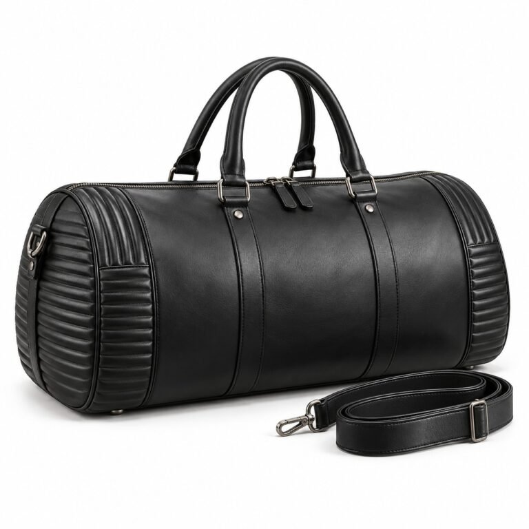 Black Ribbed End Leather Travel Bag