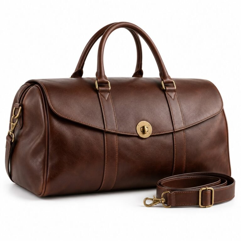 Chocolate Round Lock Leather Weekender Bag