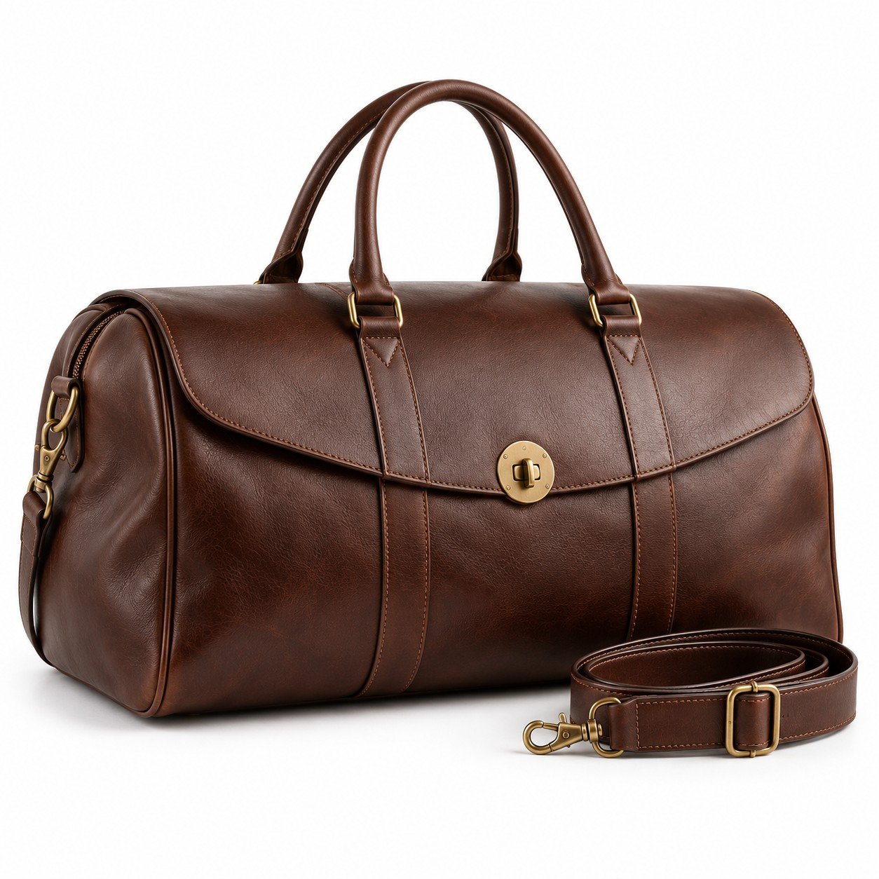 Chocolate Round Lock Leather Weekender Bag
