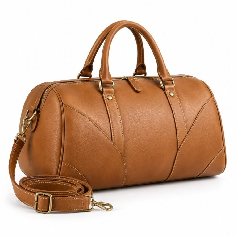 Camel Curved Seam Leather Overnight Bag