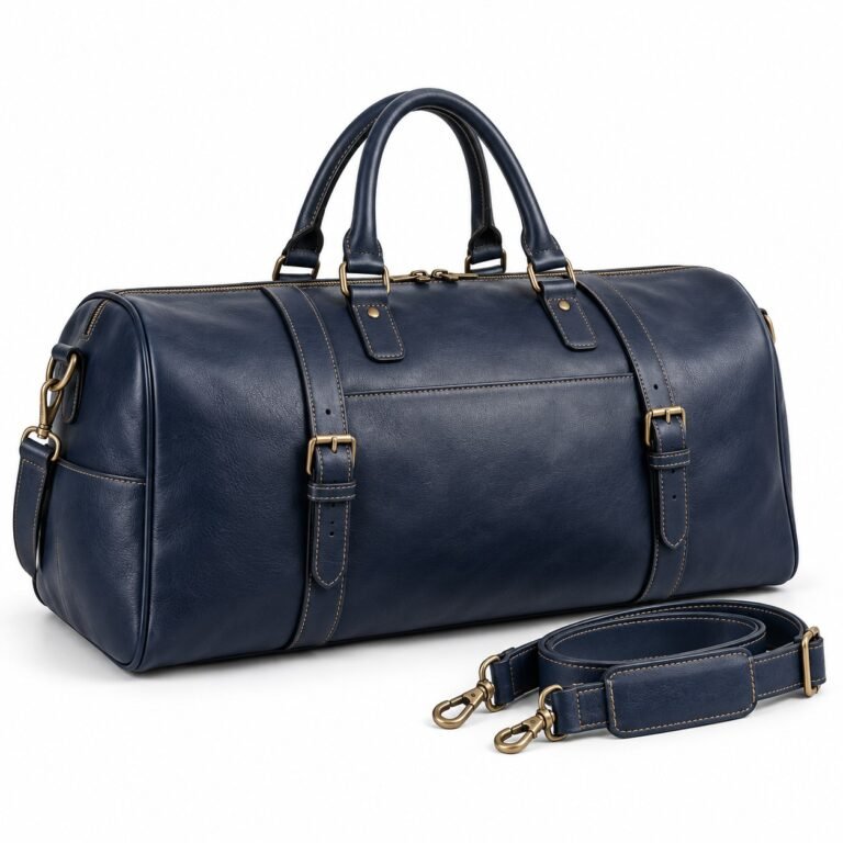 Navy Double Strap Leather Travel Bag