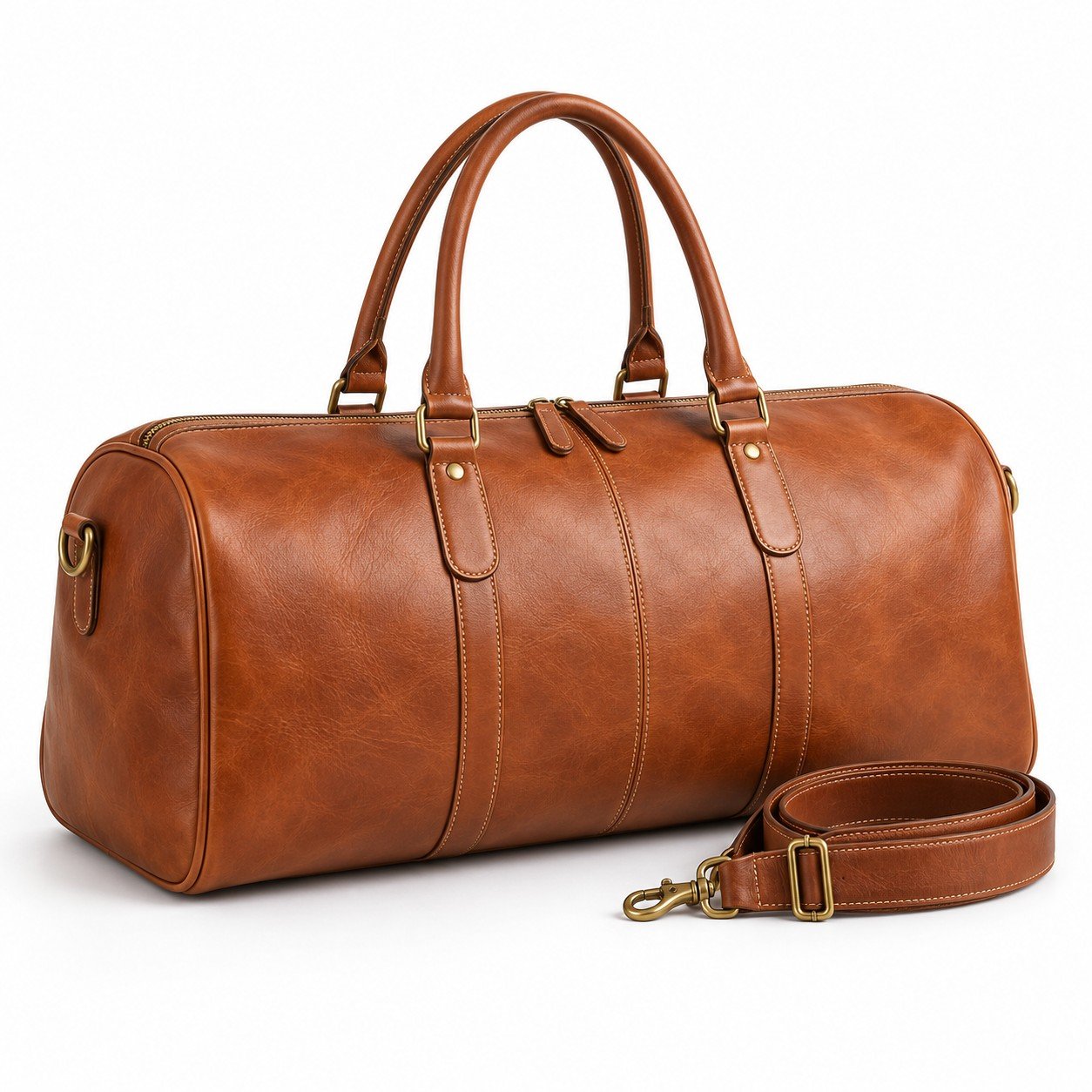 Cognac Slim Leather Overnight Bag